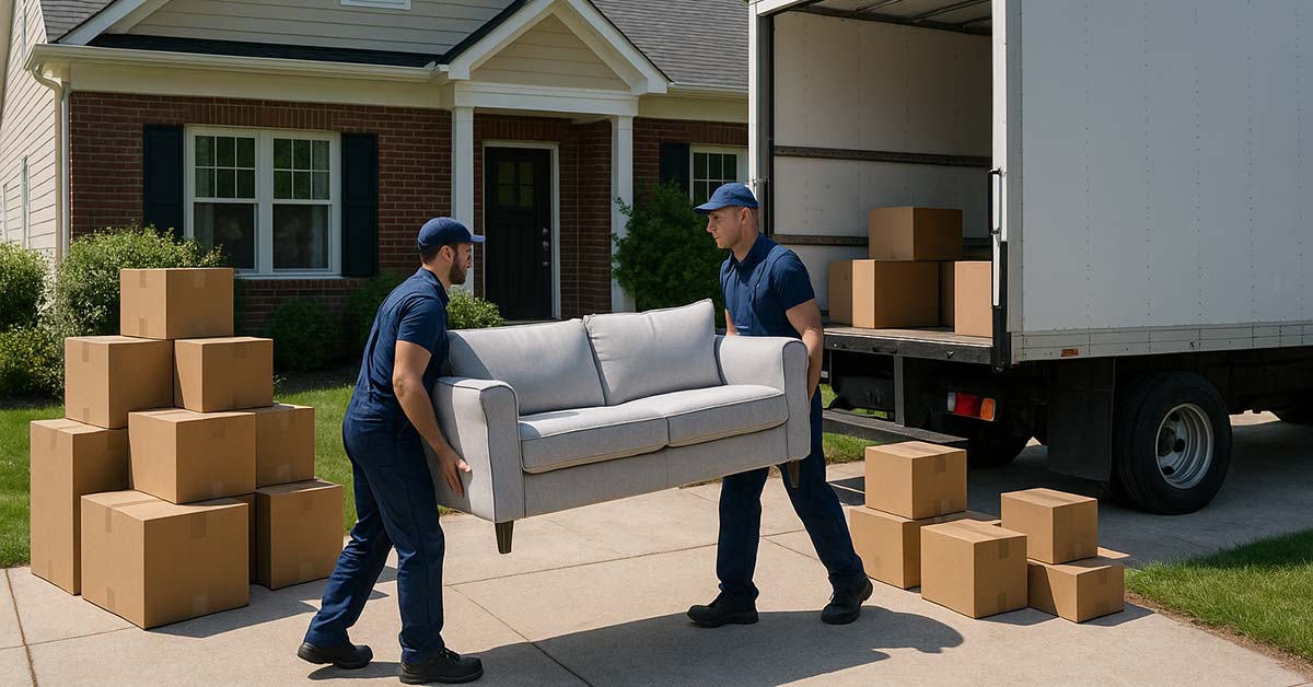 Männer tragen ein Sofa in ein Haus