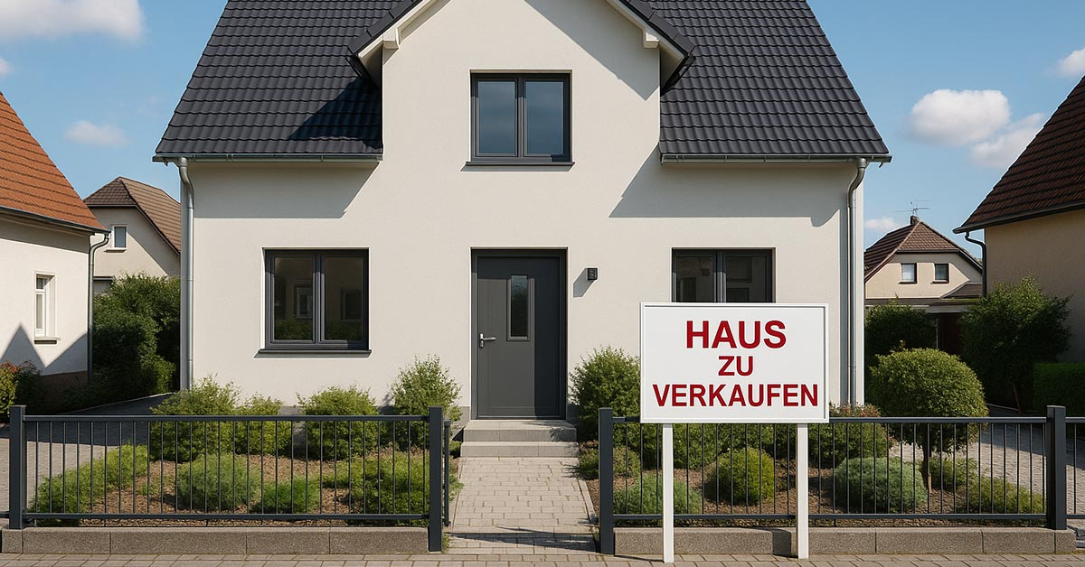 Einfamilienhaus mit Garten und einem Verkaufsschild
