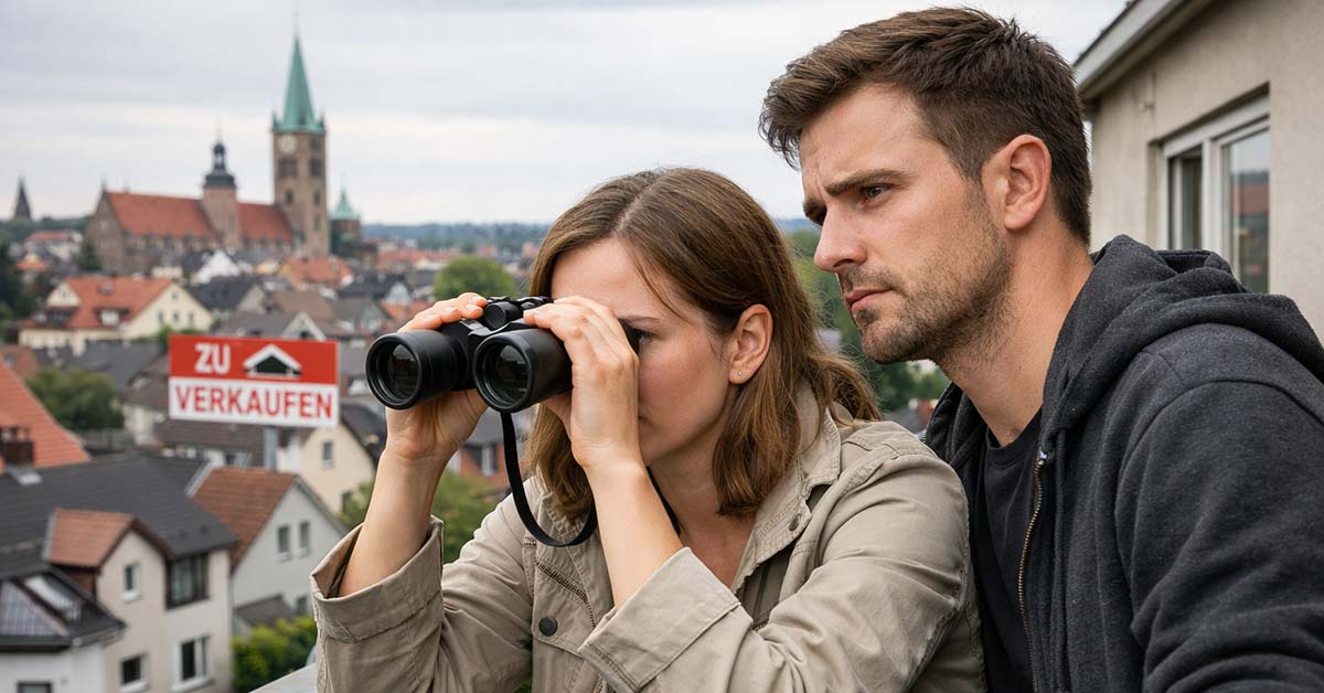 Junge Paar schaut von einer Dachterasse auf eine Stadt