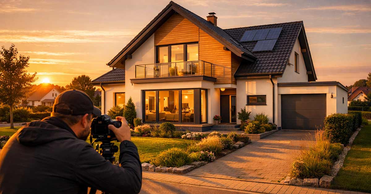 Eine Person fotografiert ein Haus im Abendlicht