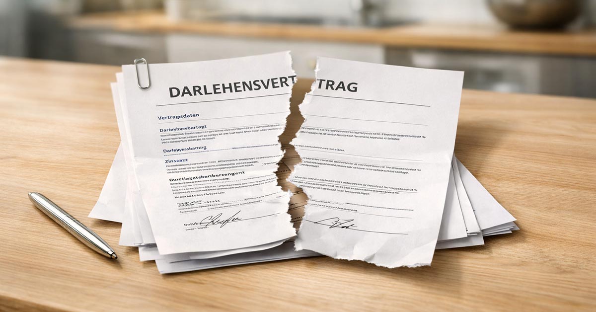Ein zerrissener Darlehensvertrag auf einem Schreibtisch