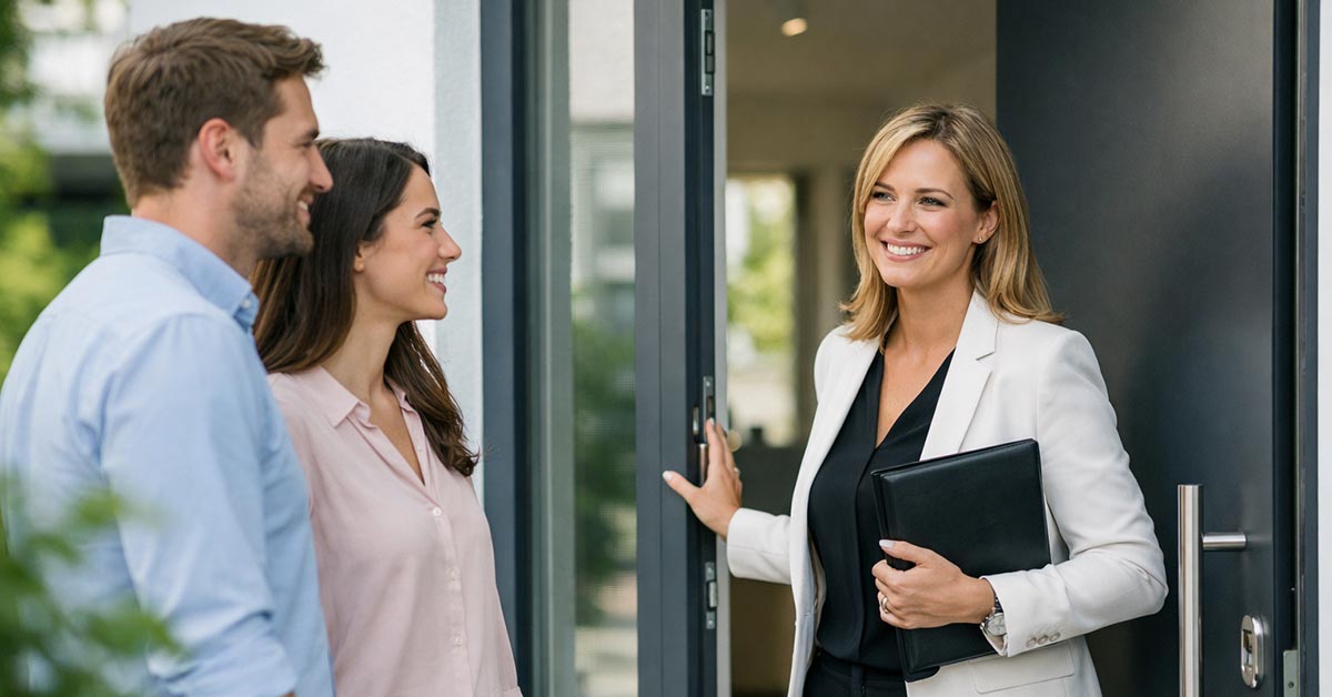 Eine Maklerin empfängt Interessenten an der Tür