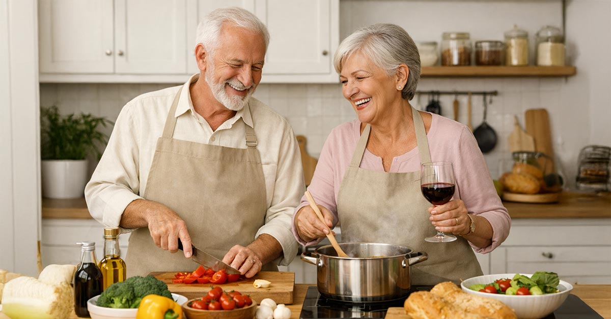 alter Mann schneidet Tomaten und alte Frau trinkt Wein und rührt im Topf