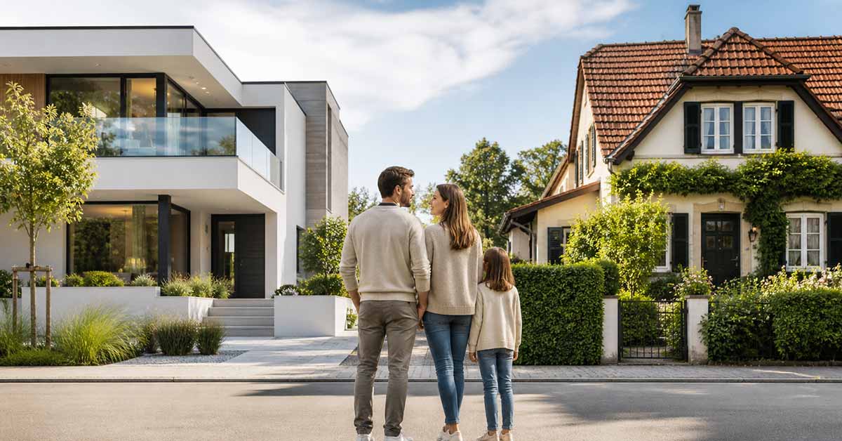 Paar mit Kind stehen vor einem Neubau und einer Bestandsimmobilie