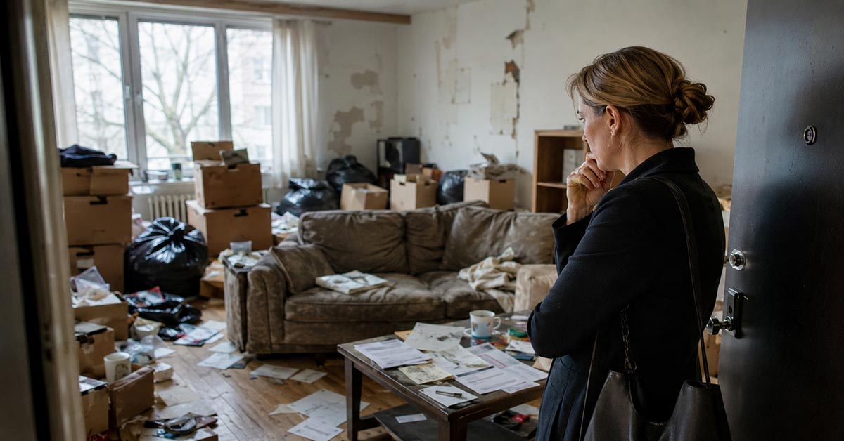 Frau blickt in eine verwüstete Wohnung