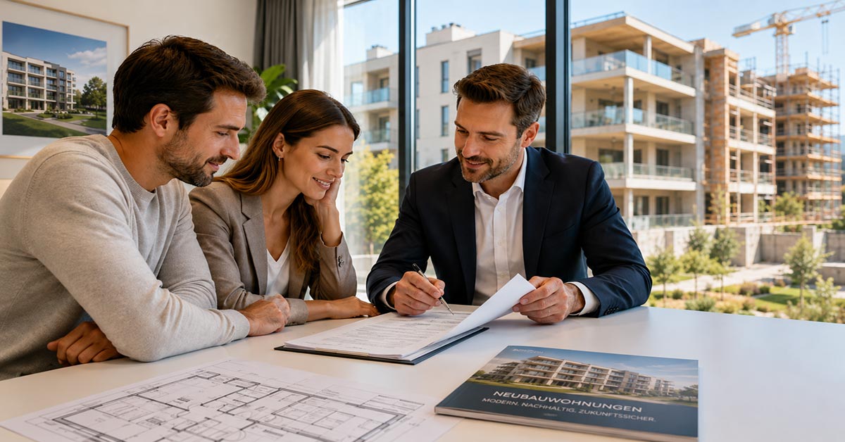Zwei Herren und eine Dame an einem Schreibtisch beraten sich über ein Immobilienprojekt