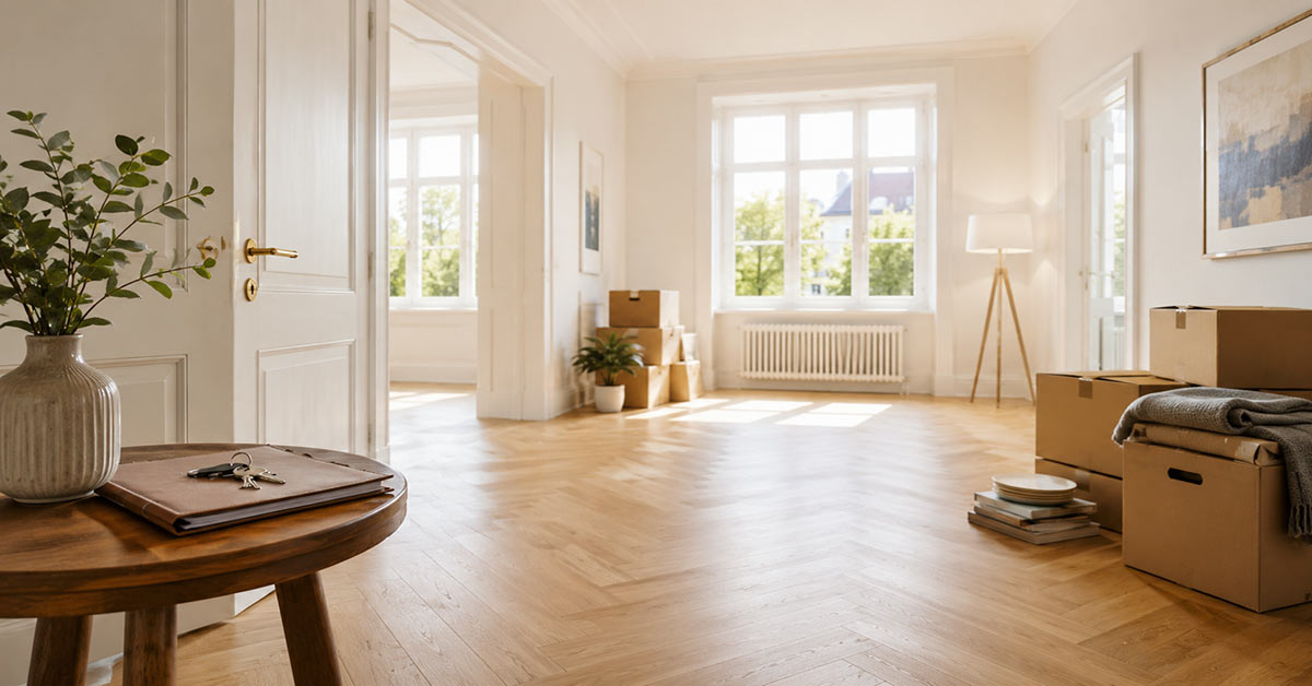 Wohnung mit gepackten Kartons und Möbeln während einer Haushaltsauflösung