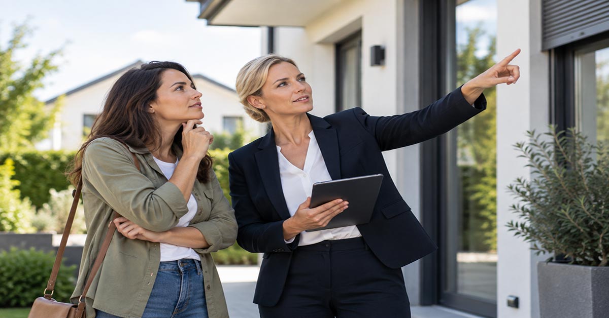 Eine Immobilienmaklerin zeigt einer Interessentin die Immobilie von außen