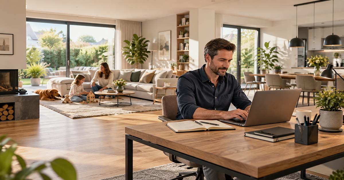 Homeoffice: ein Mann arbeitet im Wohnzimmer, Frau und Kind spielen im Hintergrund